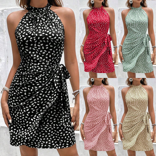 Damen Neckholder-Wickelkleid aus leichtem Satin mit Bindegürtel Drune