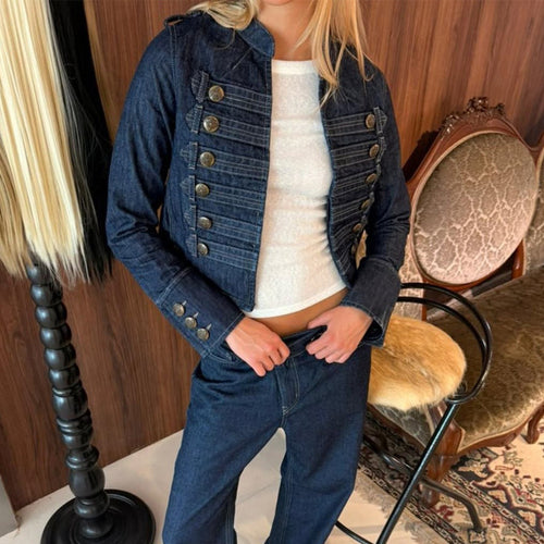 Damen Militärisch inspirierte taillierte Kurzjacke mit Zierfalten und Metallknöpfen Drune