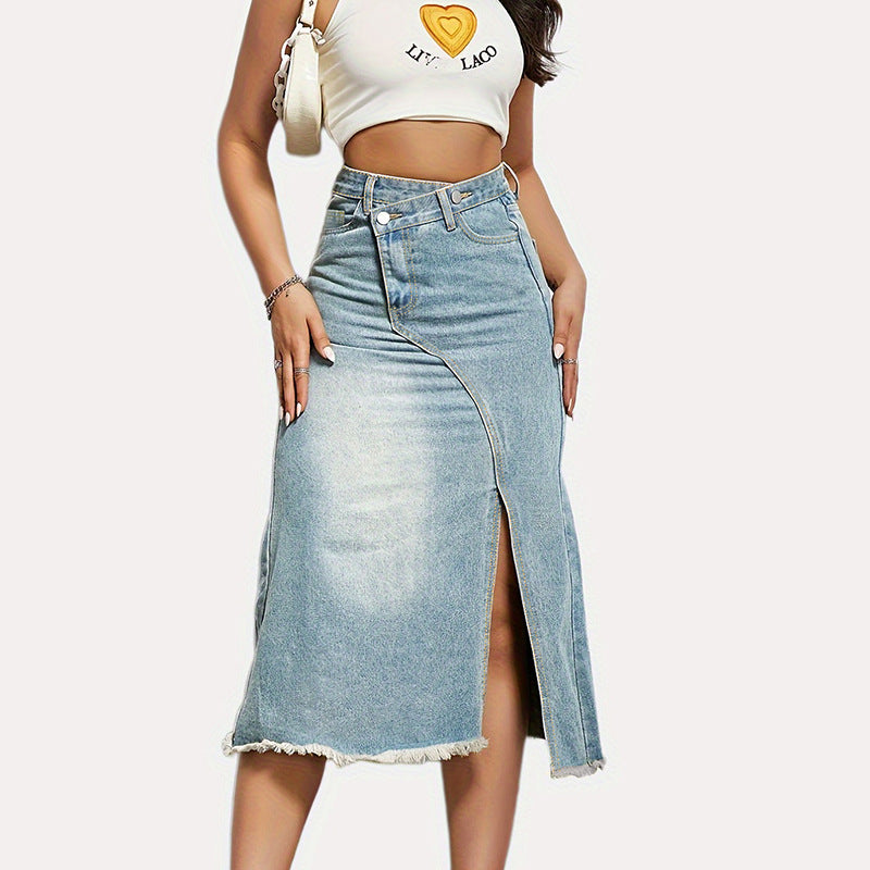 Damen nan asymmetrischer Highwaist-Denim-Midirock mit vorderlichem Schlitz und ausgefranstem Saum Drune