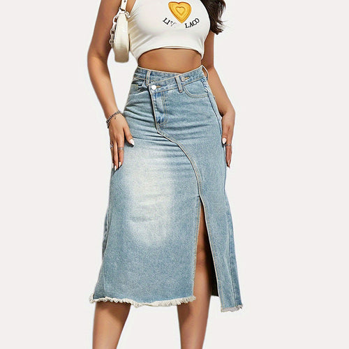 Damen nan asymmetrischer Highwaist-Denim-Midirock mit vorderlichem Schlitz und ausgefranstem Saum Drune