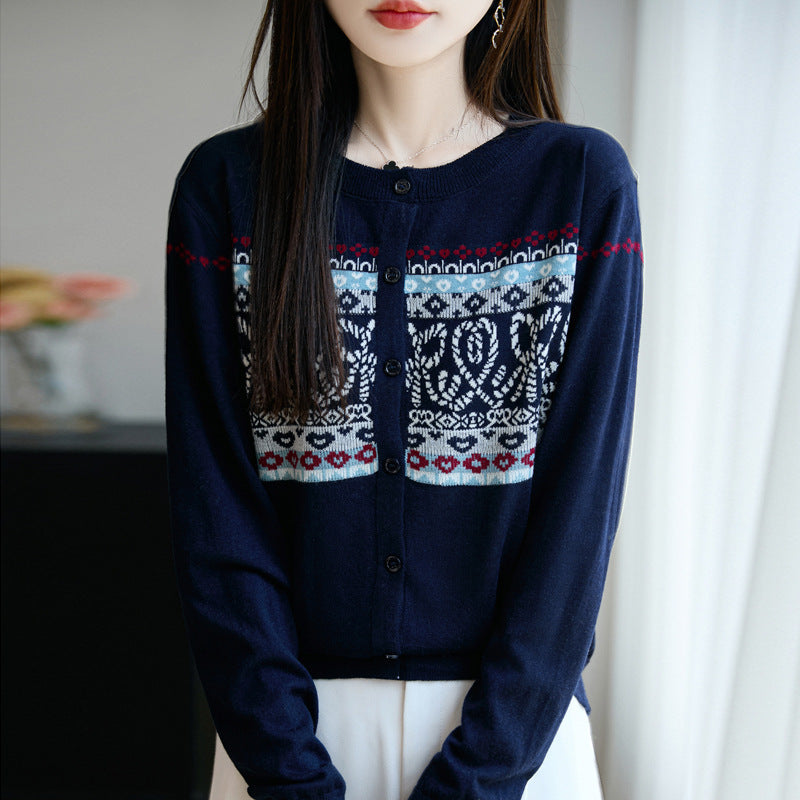 Damen Leichter Feinstrick-Cardigan mit nordischem Jacquardmuster und feiner Knopfleiste Drune