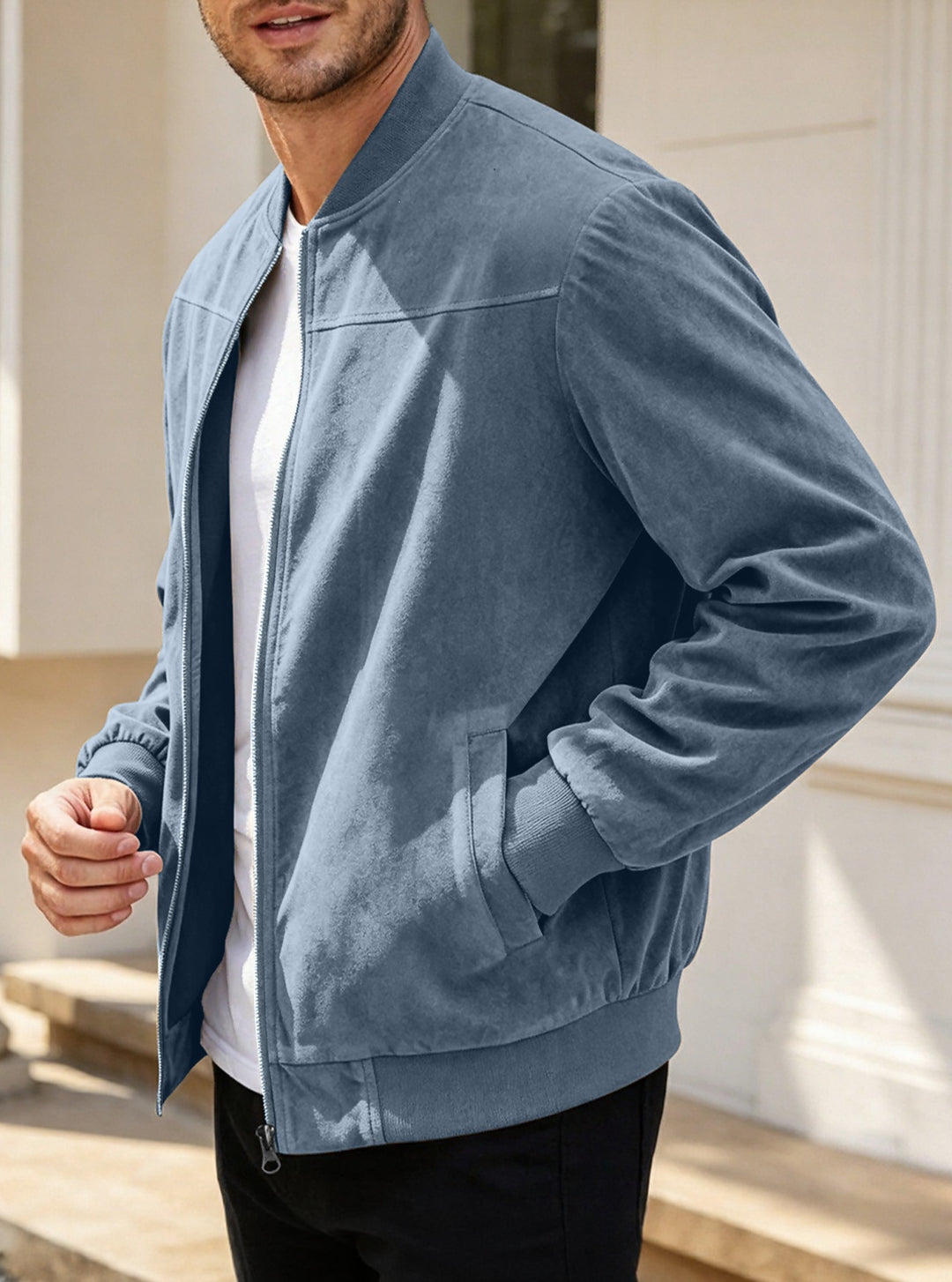 Herren Leichte Bomberjacke im Velours-Look mit Reißverschluss und Rippbündchen Drune
