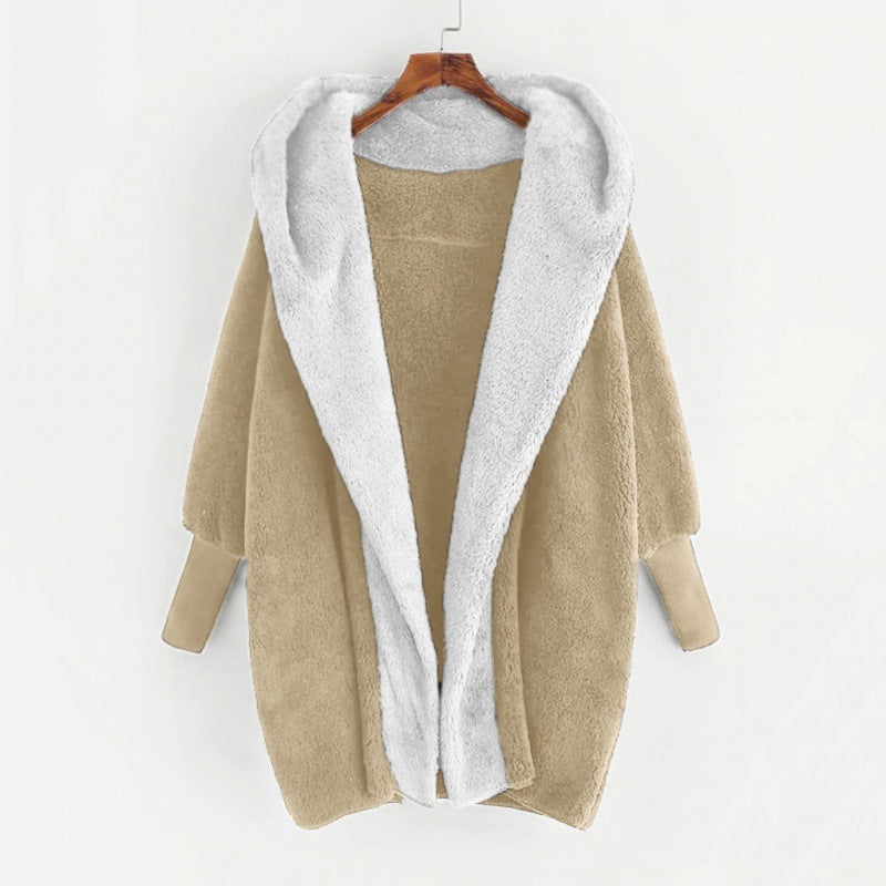 Damen Oversized Kunstfell-Kapuzenmantel mit kontrastierender Teddy-Innenseite und Rippbündchen Drune