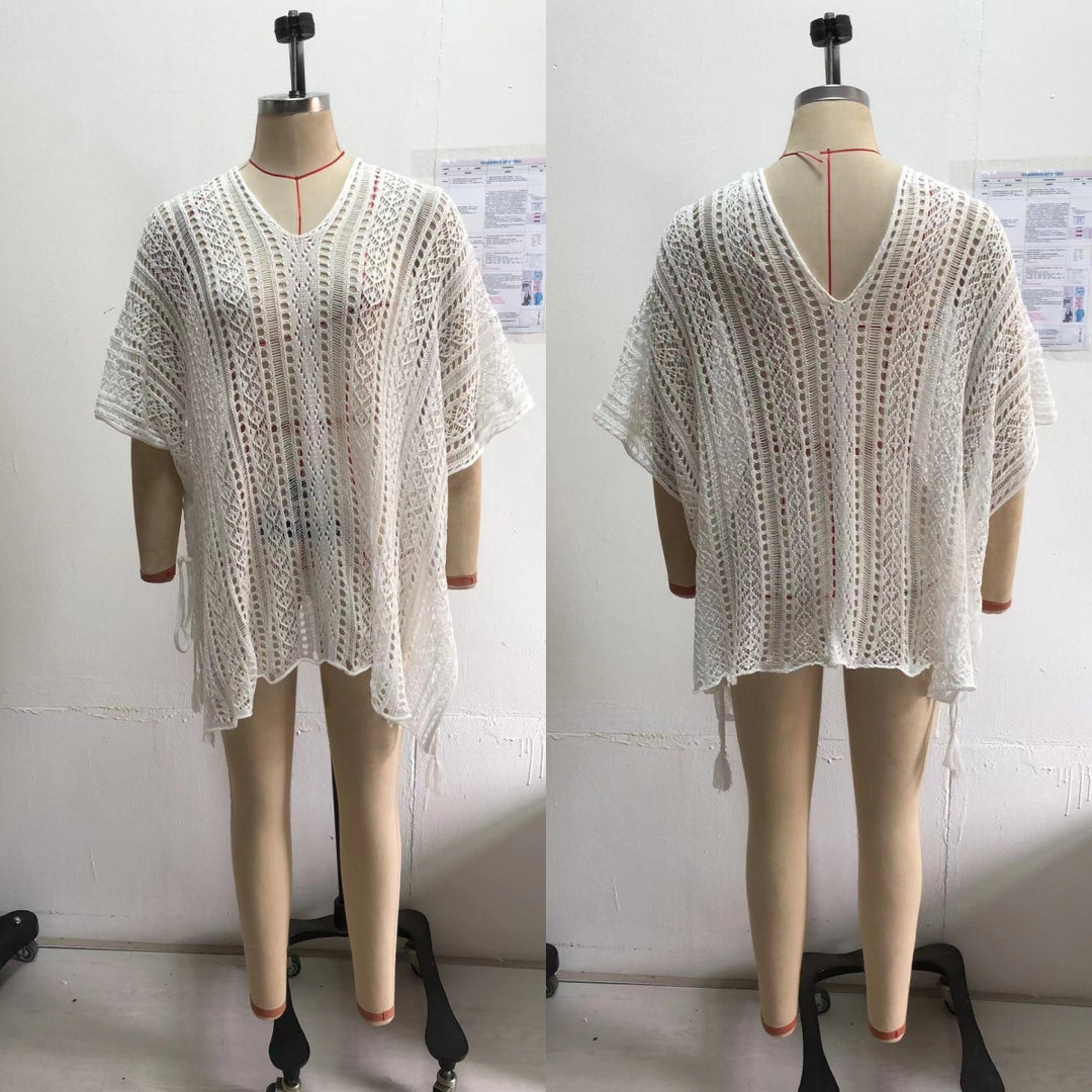 Damen Häkel-Strandtunika mit elegantem V-Ausschnitt und seitlichen Bindebändern Drune
