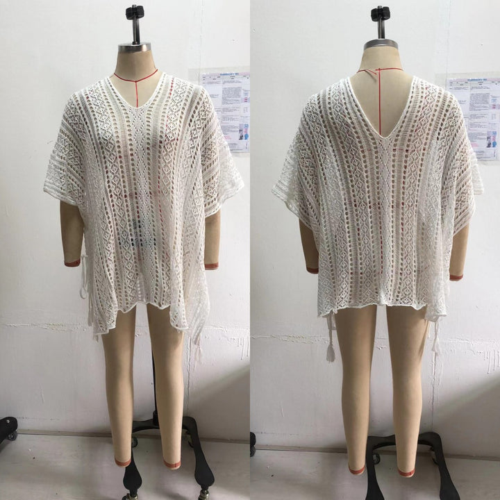 Damen Häkel-Strandtunika mit elegantem V-Ausschnitt und seitlichen Bindebändern Drune
