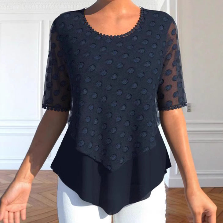 Damen nan Tüllbluse mit bestickten Punkten, halbtransparenten Ärmeln und asymmetrischem Stufensaum Drune