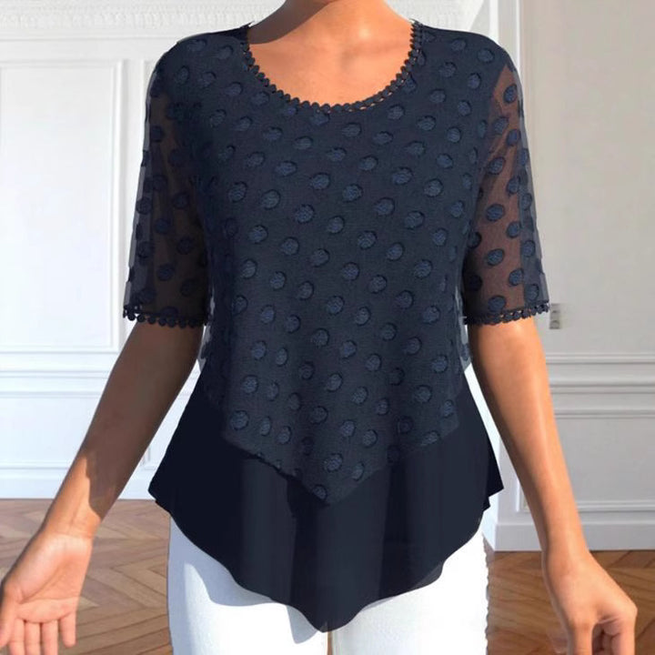 Damen nan Tüllbluse mit bestickten Punkten, halbtransparenten Ärmeln und asymmetrischem Stufensaum Drune