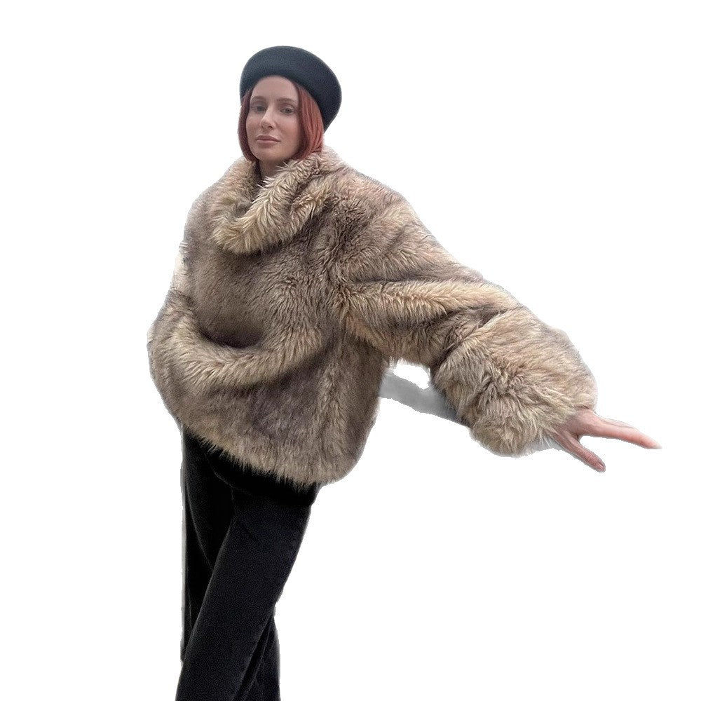 Damen Kurz geschnittener Faux‑Fur Boxy‑Mantel mit Kapuze und Reißverschluss Drune