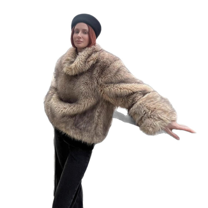Damen Kurz geschnittener Faux‑Fur Boxy‑Mantel mit Kapuze und Reißverschluss Drune