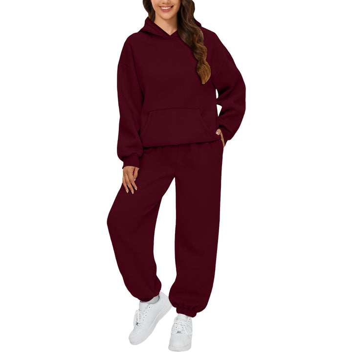 Damen nan gemütliches French-Terry Loungewear-Set mit doppellagiger Kapuze, Kängurutasche und elastischem Knöchel-Jogger Drune