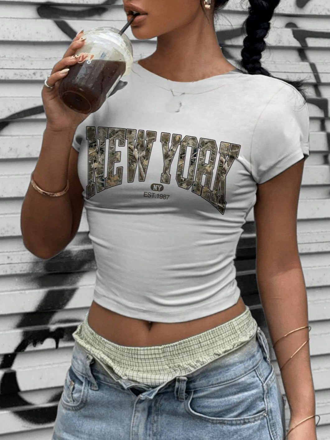 Damen Crop-T-Shirt mit auffälligem New York Grafikdruck Drune