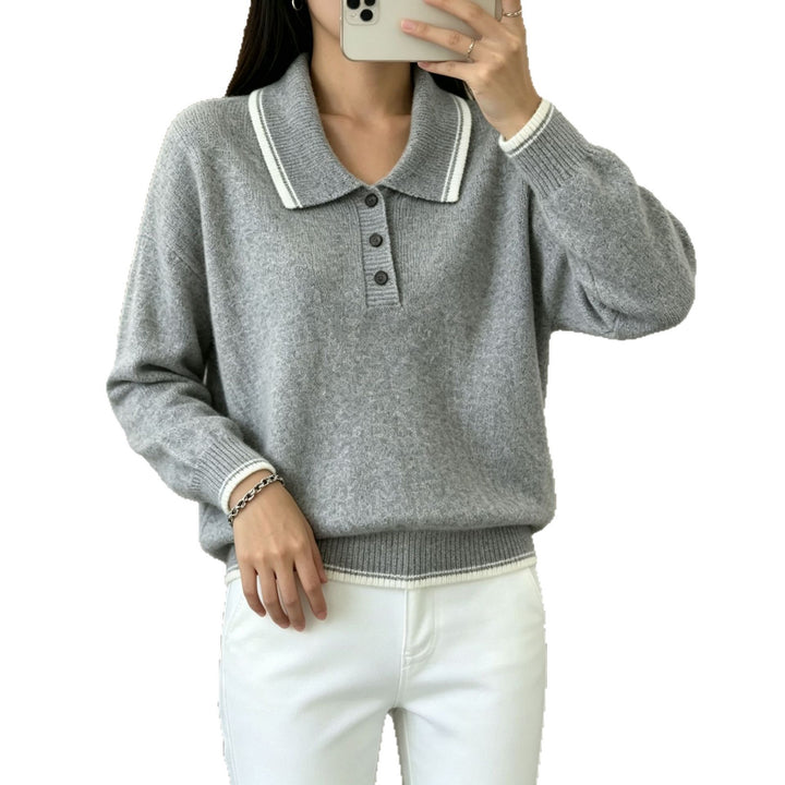 Damen Polokragen‑Strickpullover mit Knopfleiste und gerippten Bündchen Drune