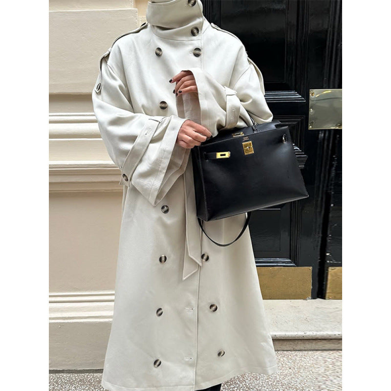 Damen Langer Oversized Trenchcoat mit hohem Stehkragen, Glockenärmeln und Bindegürtel Drune