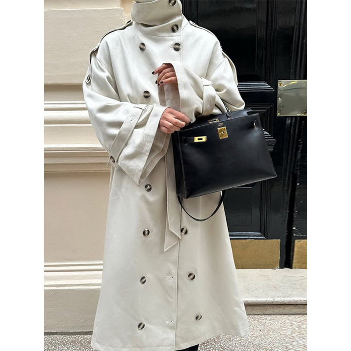 Damen Langer Oversized Trenchcoat mit hohem Stehkragen, Glockenärmeln und Bindegürtel Drune