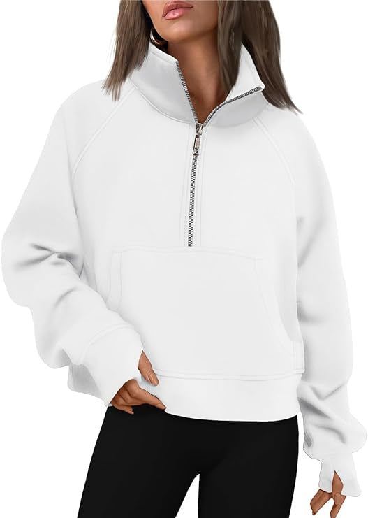 Damen nan cropped Halbzip-Sweatshirt mit hohem Stehkragen, Kängurutasche und überschnittener Schulter Drune