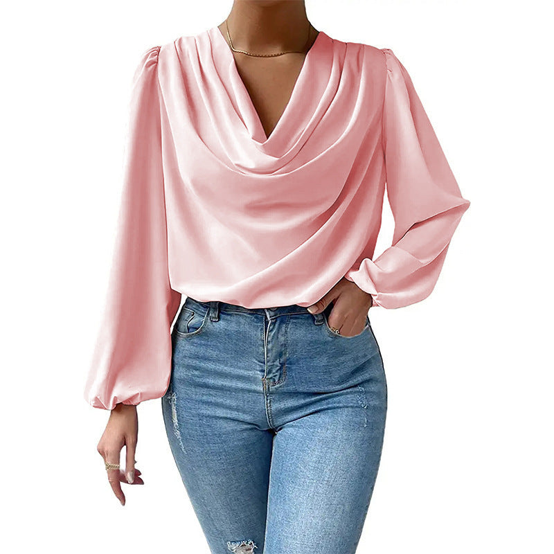 Damen elegante Bluse mit asymmetrischem Halsansatz und langen Ärmeln Drune
