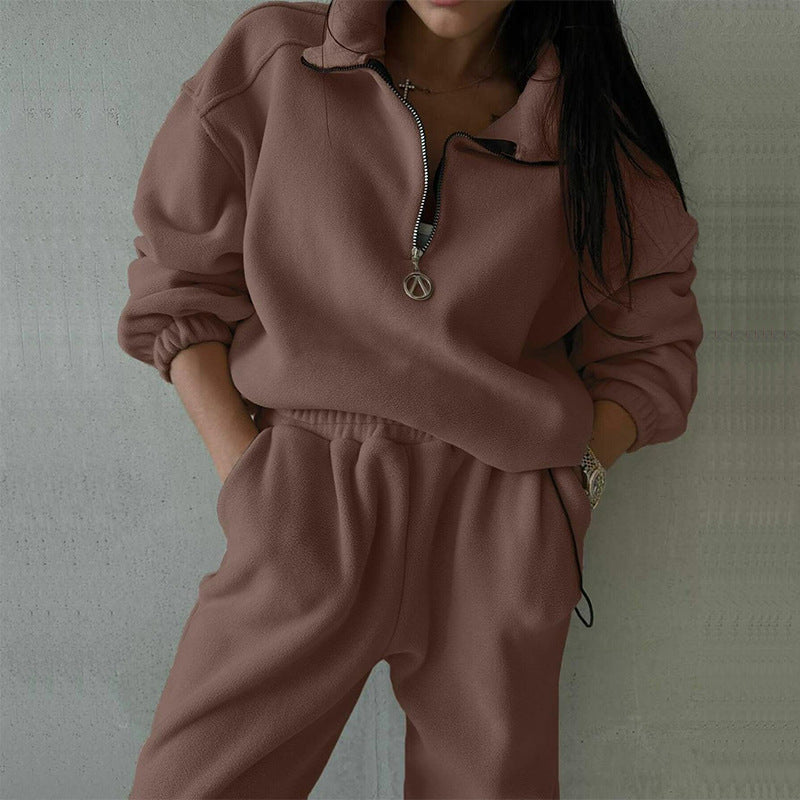 Damen Fleece Trainingsanzug mit hohem Kragen und praktischen Taschen Drune