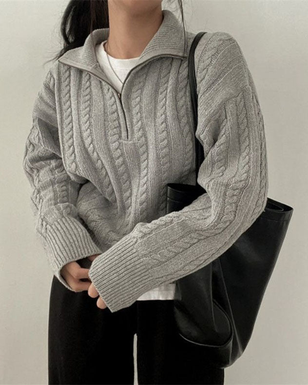 Drune Vintage Rollkragen Reißverschluss Twist Strickpullover