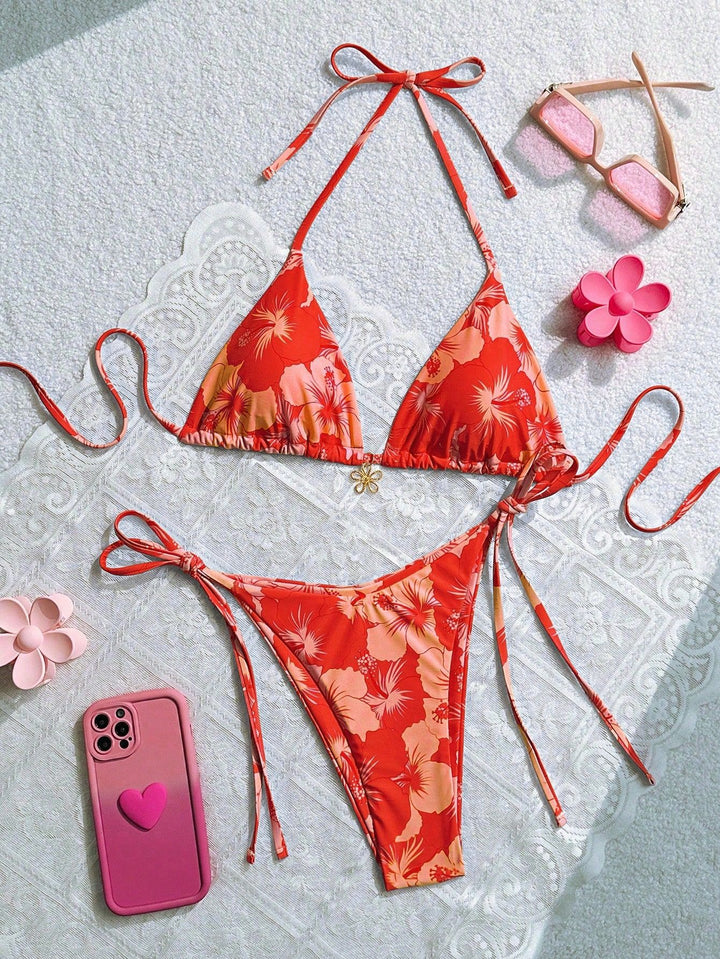 Damen Triangel-Bikini mit floralen Akzenten und raffinierten Bindebändern Drune