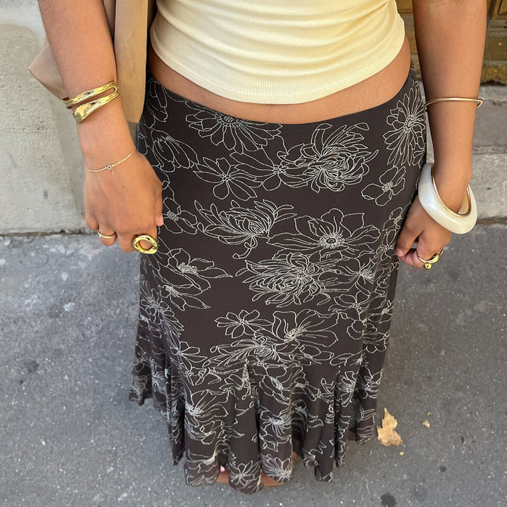 Damen Midirock mit ausgestelltem Volant-Saum und floralem Konturprint Drune