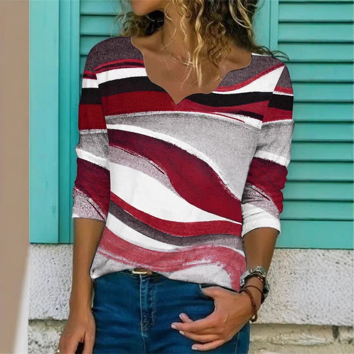 Frauen V-Ausschnitt-Shirt mit wellenförmigem Druck und dreiviertelÄrmeln Drune