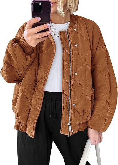 Damen Gepolsterte Oversize-Stepp-Bomberjacke mit Rippbündchen und dekorativer Ziersteppung Drune
