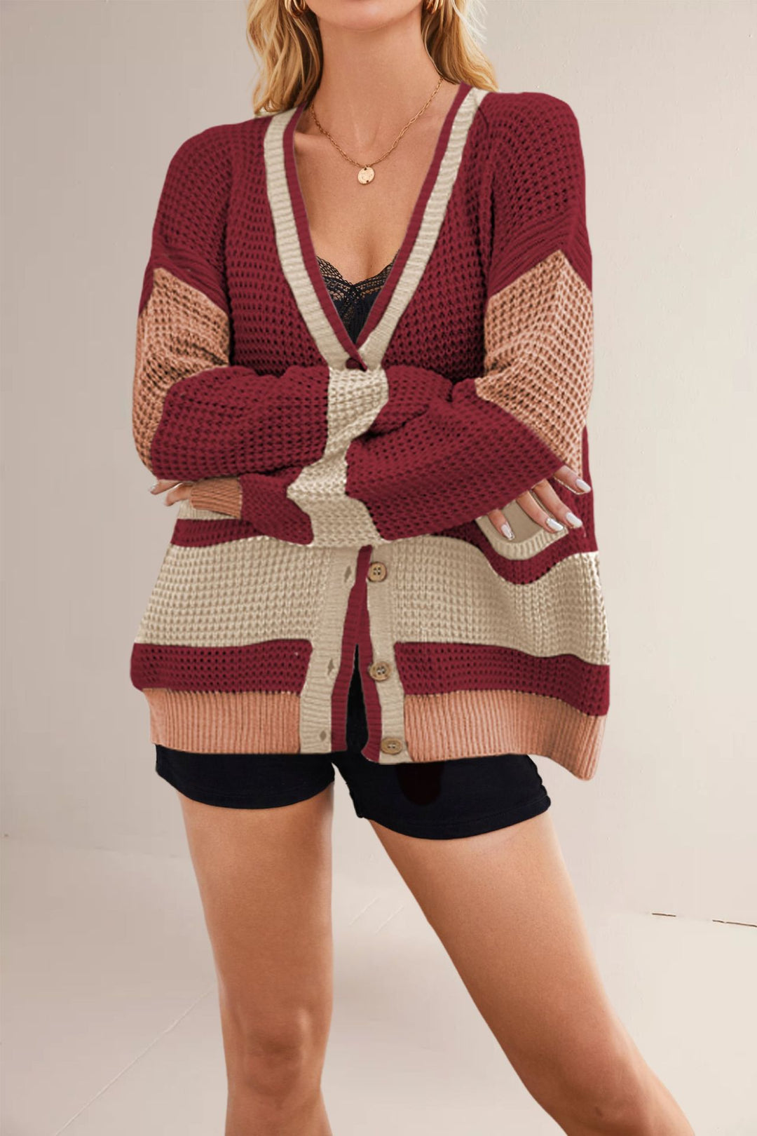 Damen lässige Strickjacke mit tiefem V-Ausschnitt und Taschen Drune