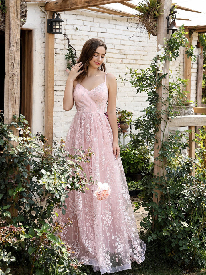 Drune | V-Ausschnitt Träger Abendkleid Mesh Bestickter Rücken Freie Elegante Abendkleid Tanzkleid Festkleid Brautjungfernkleid