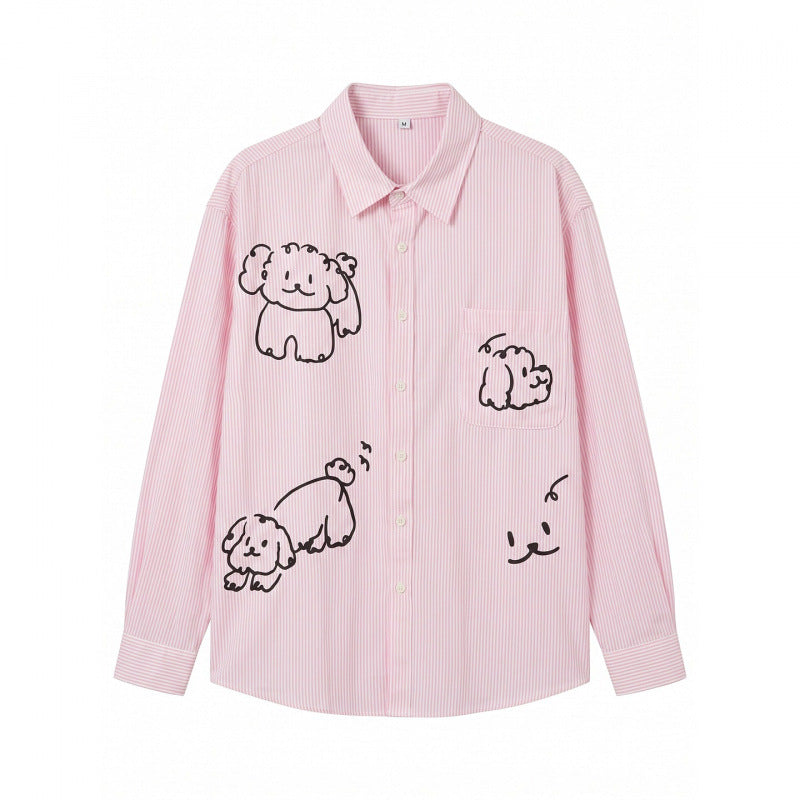 Damen Oversize-Streifenhemd mit handgezeichnetem Hunde-Print und Brusttasche Drune