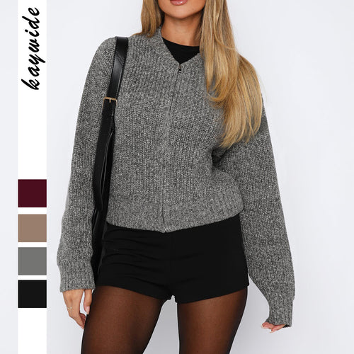 Damen nan kurzes Zip-Strickoberteil mit geripptem Saum, überschnittener Schulter und weichem Wollmix Drune