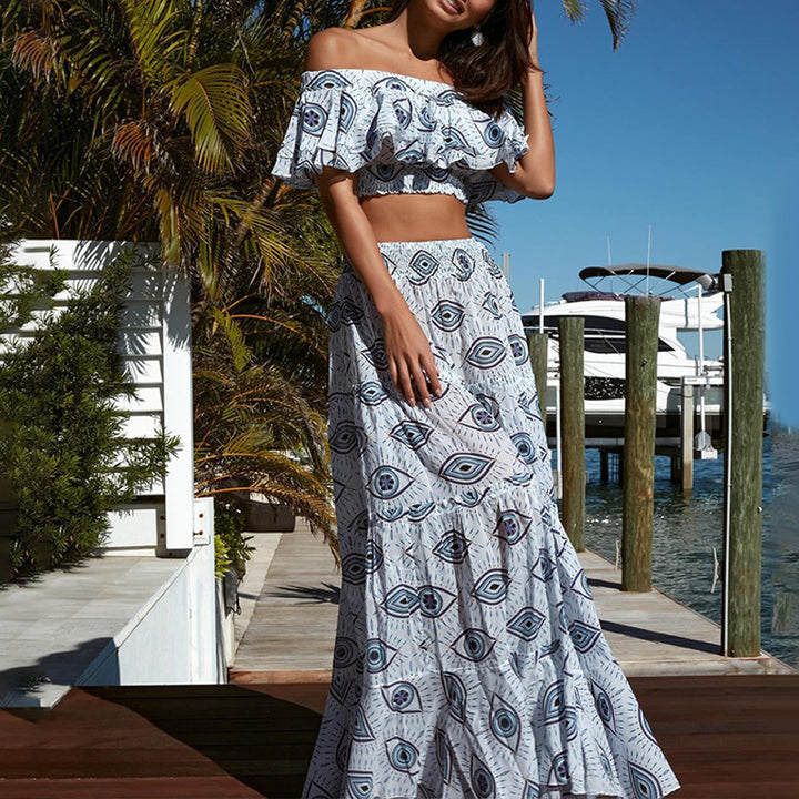 Damen Strandmode-Set mit verspieltem Rüschenshirt und hochtailliertem Höschen Drune
