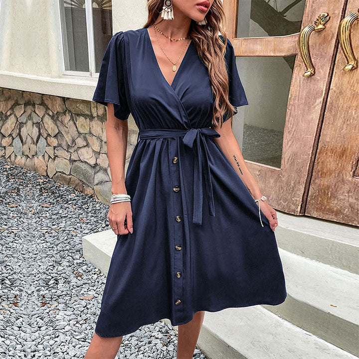 Damen Midi-Kleid mit eleganter Wickeloptik und praktischen Knopfdetails Drune