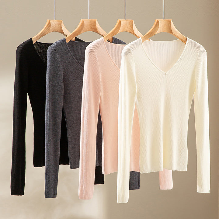 Damen Feiner gerippter Feinstrickpullover mit V-Ausschnitt und taillierter Silhouette Drune