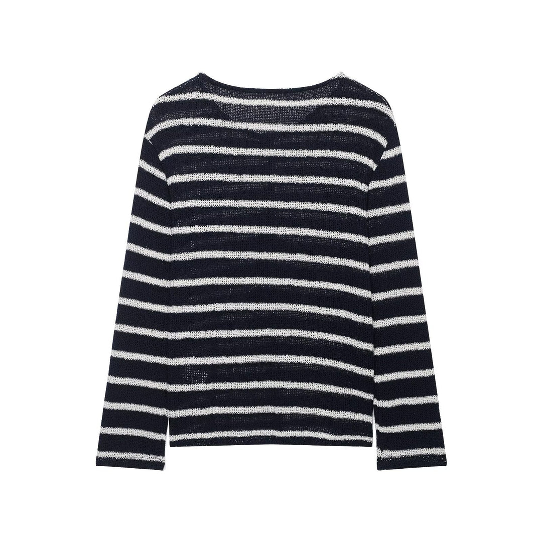 Damen Gestreifter Strick-Henleypullover mit Knopfleiste und Leichtstruktur Drune