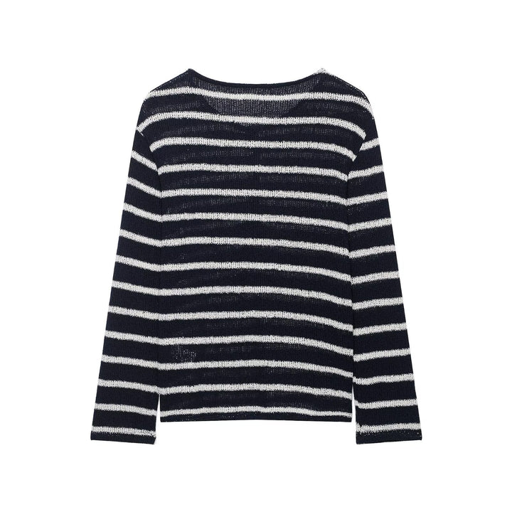 Damen Gestreifter Strick-Henleypullover mit Knopfleiste und Leichtstruktur Drune