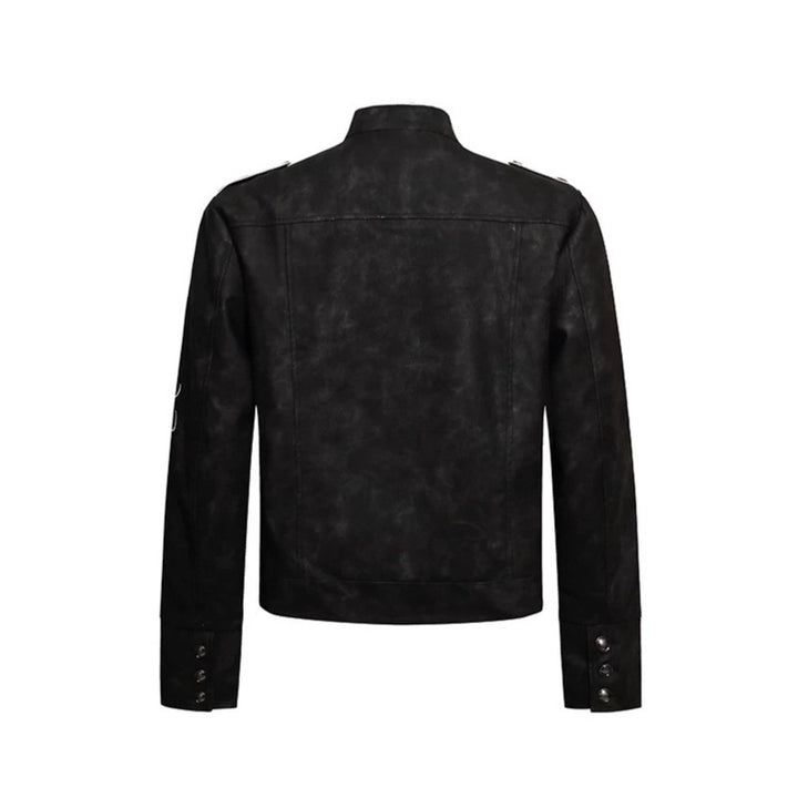 Herren Military-inspirierte Lederjacke mit Stehkragen, Zierknopfreihen und bestickten Ärmeln Drune