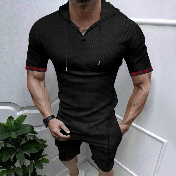 Herren nan sommerliches Kapuzen-Lounge-Set in leichter Waffelstruktur mit Kurzarm-Hoodie Henley-Öffnung und Komfort-Shorts Drune