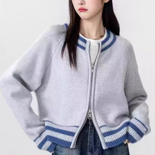 Damen modischer Strickcardigan mit Reißverschluss und sportlichem Streifenmuster Drune