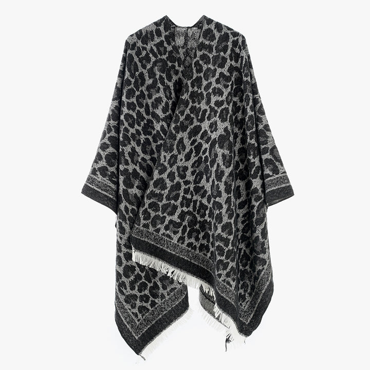 Damen Jacquard-Capeponcho mit Leo-Struktur und Fransensaum Drune
