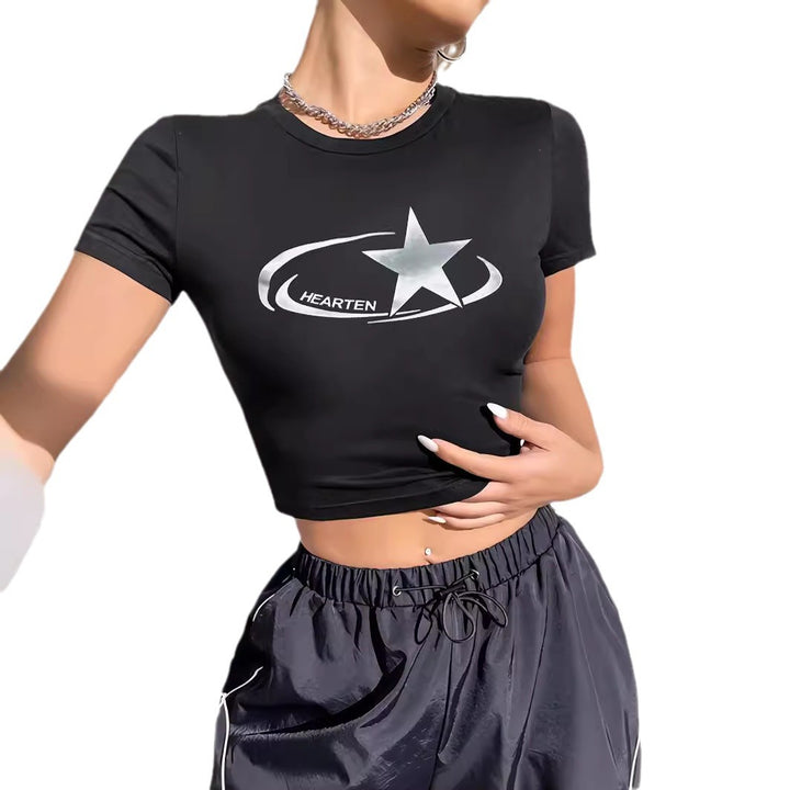 Damen Crop-T-Shirt mit glänzendem Sternmotiv und figurbetontem Schnitt Drune