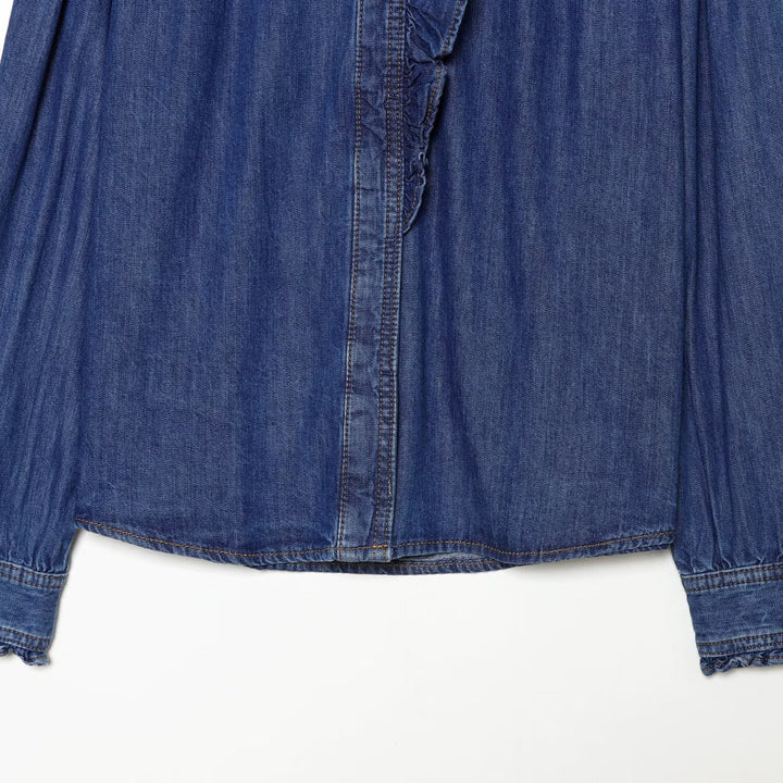 Damen Denim-Bluse mit Rüschenknopfleiste und Stehkragen Drune