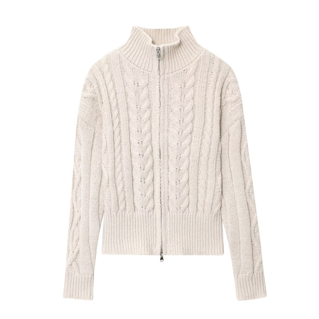 Damen Grobgestrickte Zopfstrick-Cardigan mit Stehkragen und Reißverschluss Drune
