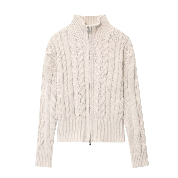 Damen Grobgestrickte Zopfstrick-Cardigan mit Stehkragen und Reißverschluss Drune
