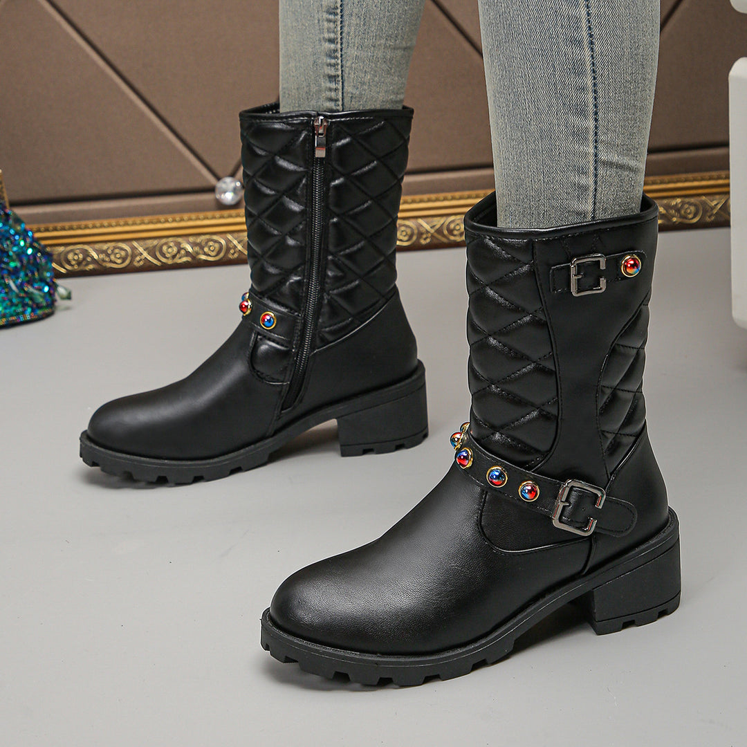 Damen modische Stiefeletten mit dekorativen Schmuckdetails und robustem Profil Drune