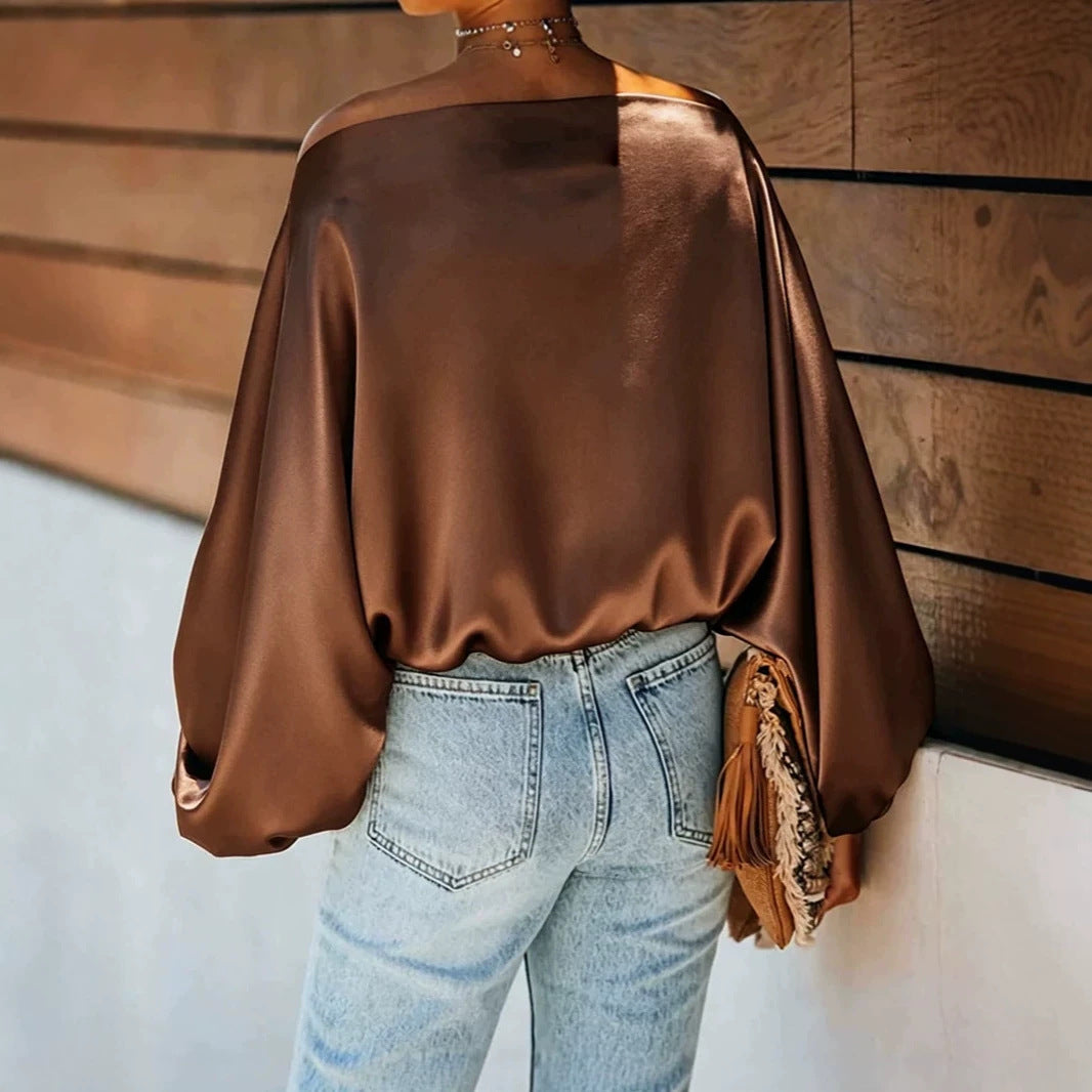 Damen Satinbluse mit asymmetrischem Carmen-Ausschnitt und weiten Fledermausärmeln Drune