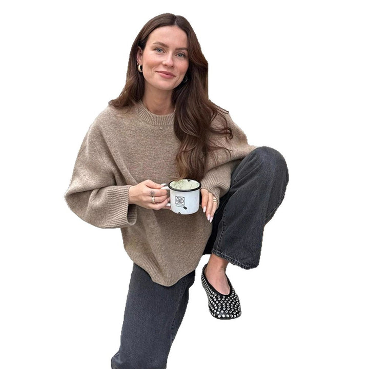 Damen Oversized Feinstrick-Pullover mit Rundhalsausschnitt und Ballonärmeln Drune