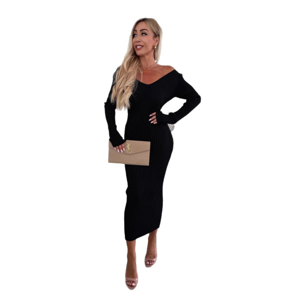 Damen figurbetontes Rippkleid mit V-Ausschnitt und langen Ärmeln Drune