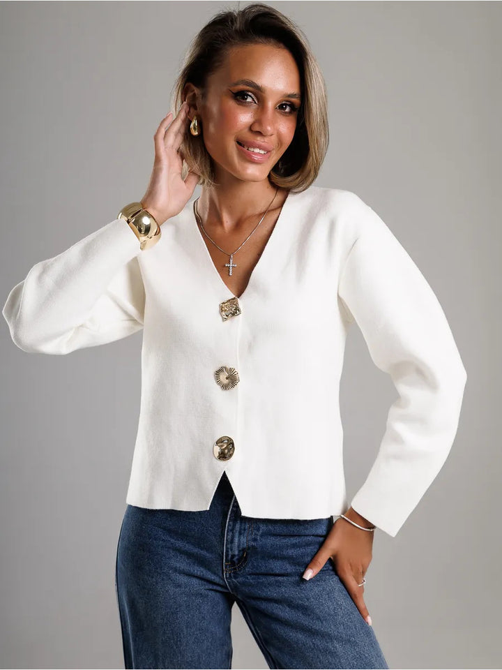 Damen Strickjacke mit goldenen Knöpfen und V-Ausschnitt Drune