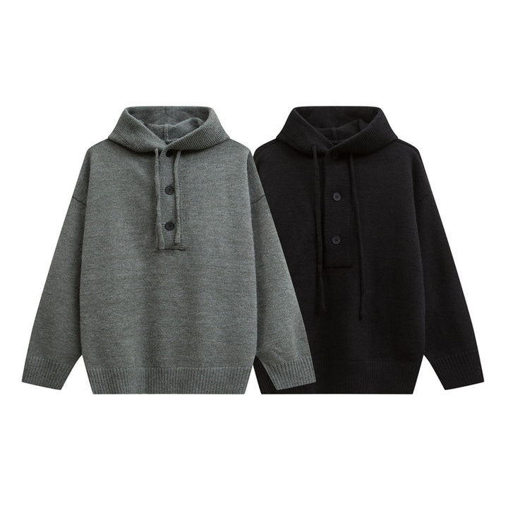 Damen Oversize Kapuzenstrickpullover mit halber Knopfleiste und Rippbündchen Drune