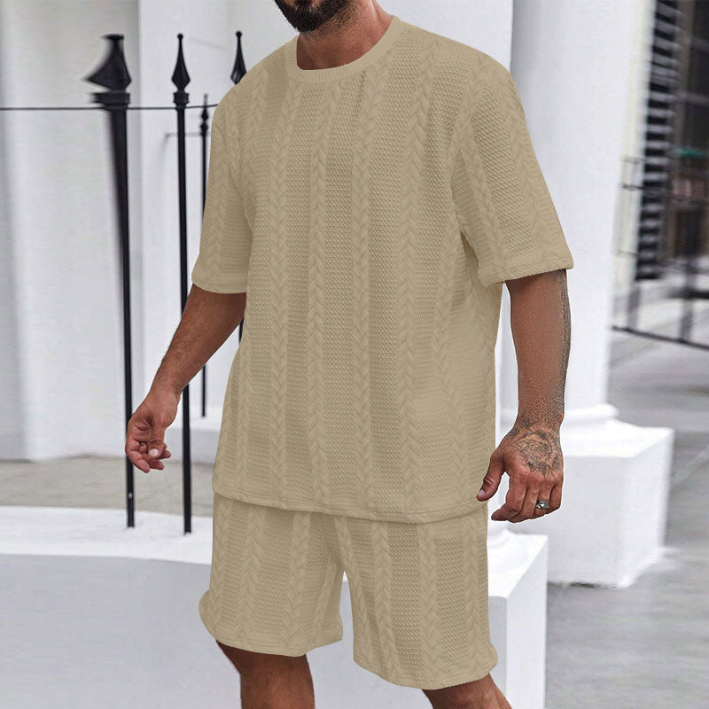 Herren nan entspanntes Zopfstrick-Freizeitset mit weitem Kurzarmshirt und elastischer Bermuda Drune